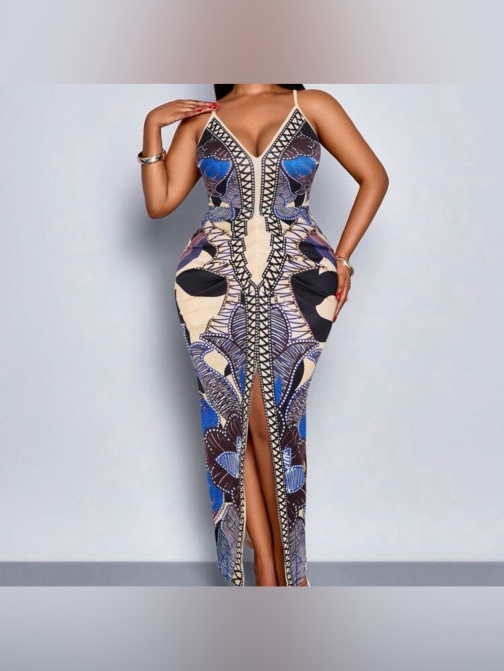 🆕 NEW Without Tags Blue & Cream Printed V-Neck Maxi Dress with Front Slit - 3XL